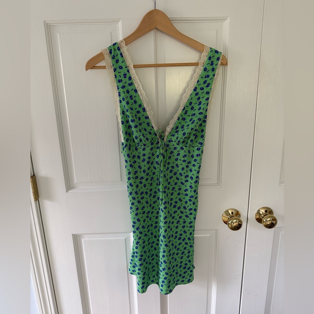 Cotton Candy Green Floral Slip Dress with Blue Blossoms